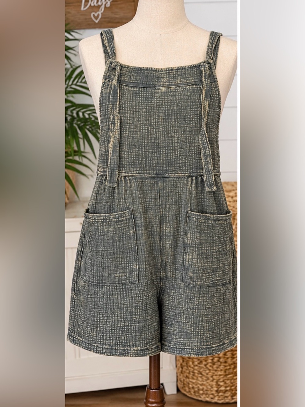 Zenana Woven Double Gauge Acid Washed Romper Large NEW